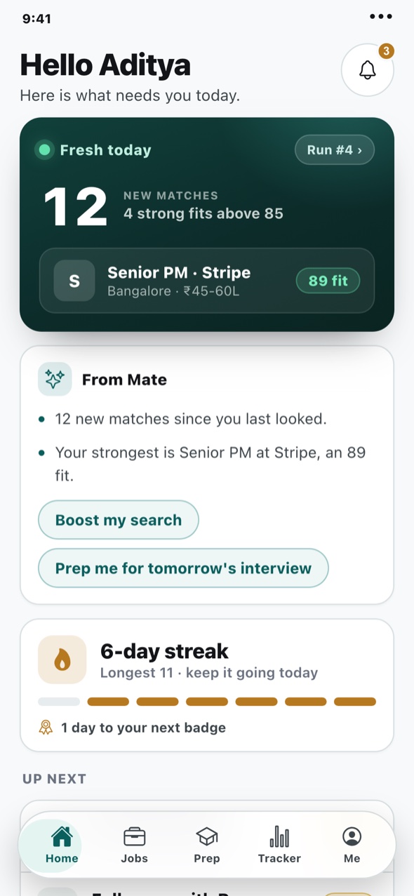 NextJobMate home — the day's new matches and strongest fit