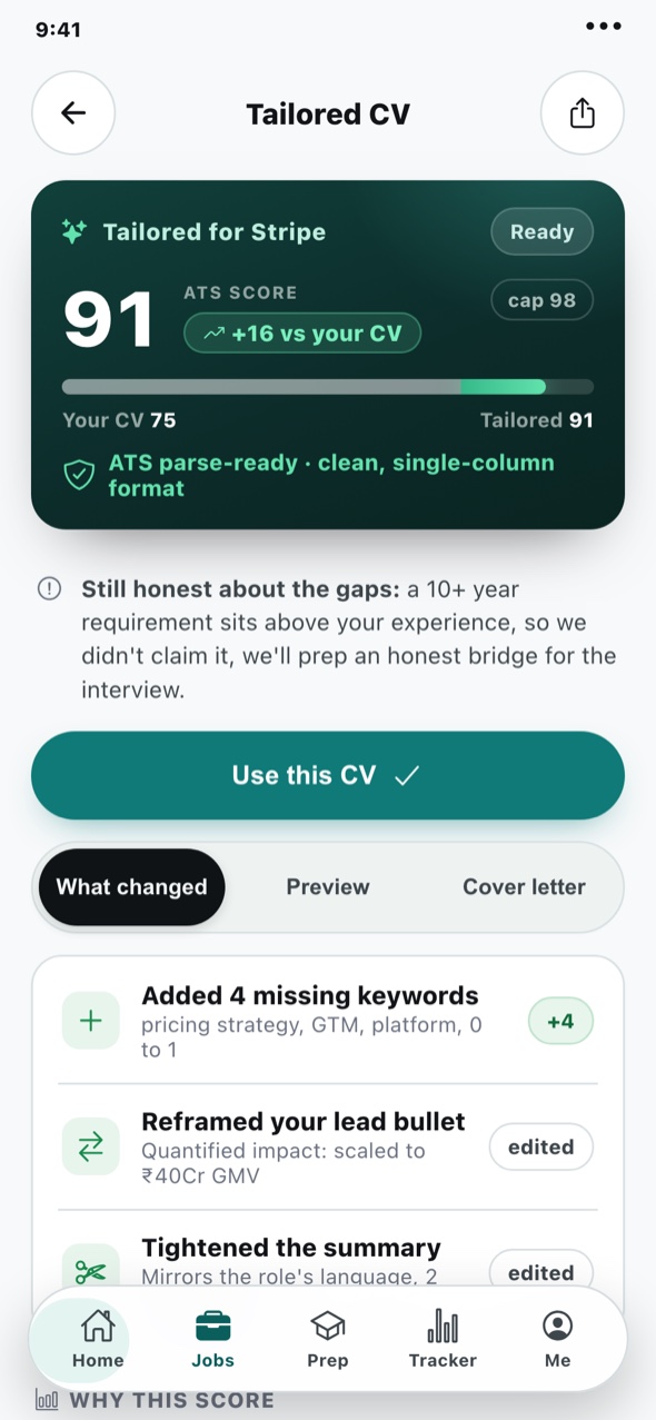 NextJobMate tailored CV — ATS score lift with gaps left unclaimed